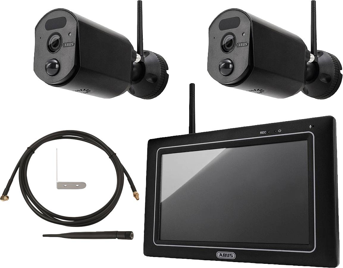 Twee zwarte beveiligingscamera's en een monitor met antenne. Een verbindingskabel en een bevestigingssteun liggen ernaast.