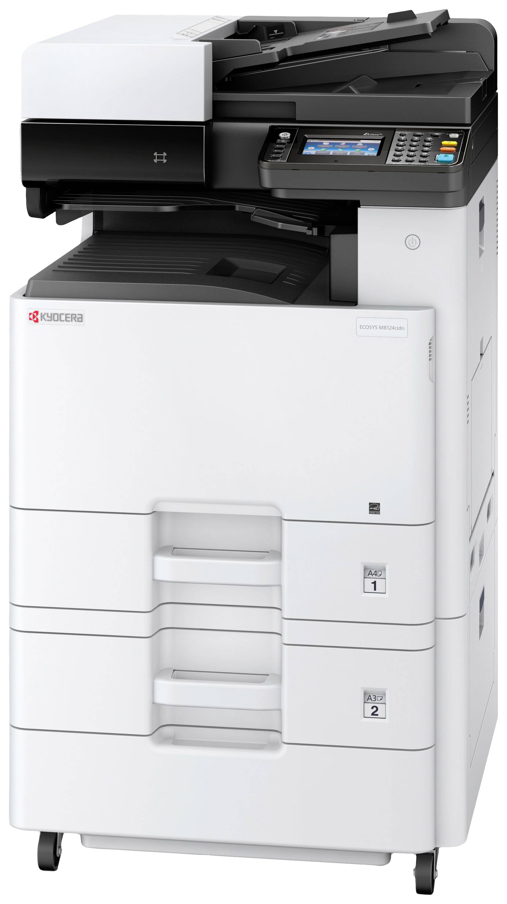 Een grote, moderne fotokopieermachine met meerdere papierladen en een bedieningspaneel.
