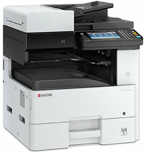 Een moderne multifunctionele printer op een bureau. Hij staat aan, met een scherm en verschillende knoppen zichtbaar.