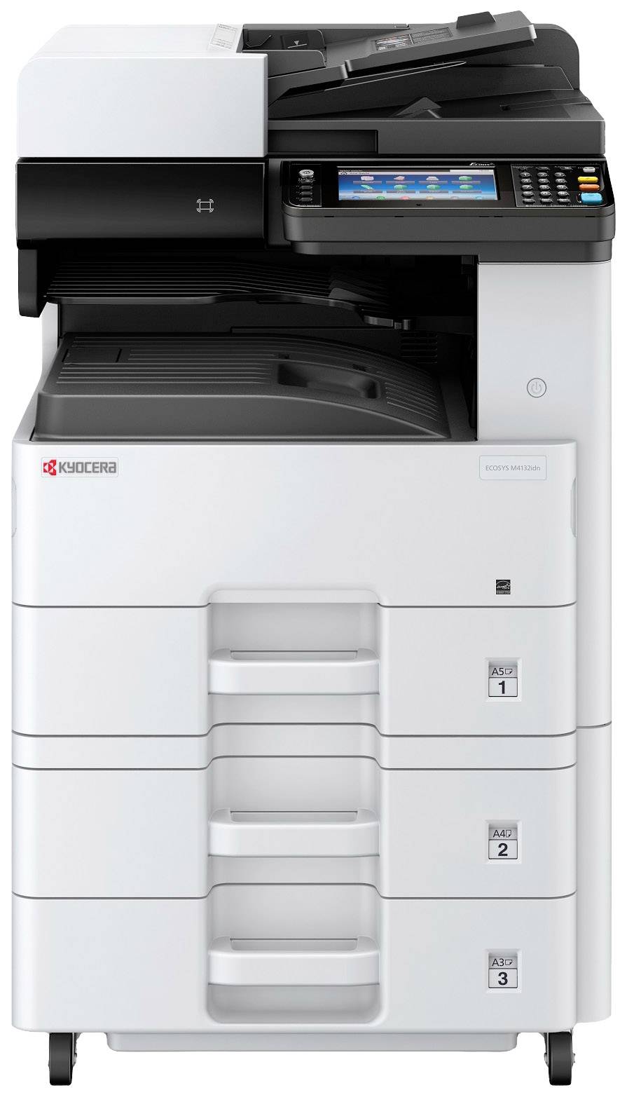 Een grote, multifunctionele kantoorprinter met een touchscreen-bedieningspaneel, meerdere papieladen en een geïntegreerde scanner bovenop.