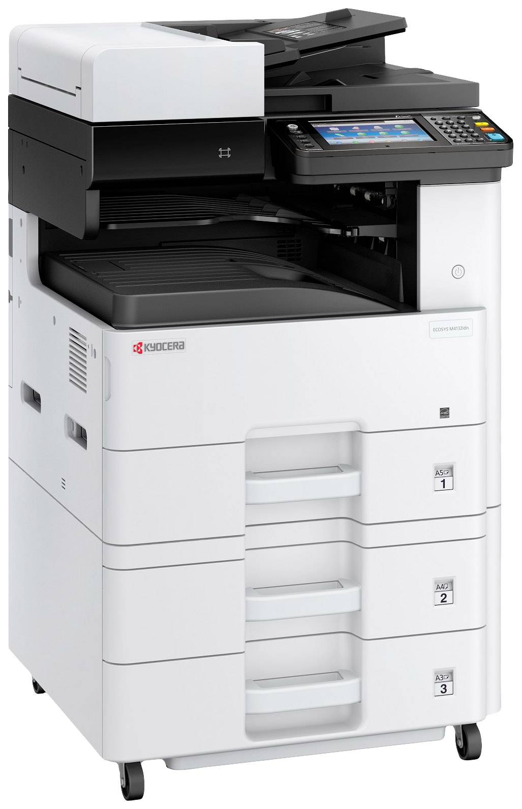Een moderne multifunctionele printer met touchscreen, drie papierlade's en kopierfunctie. Ideaal voor kantooromgevingen.