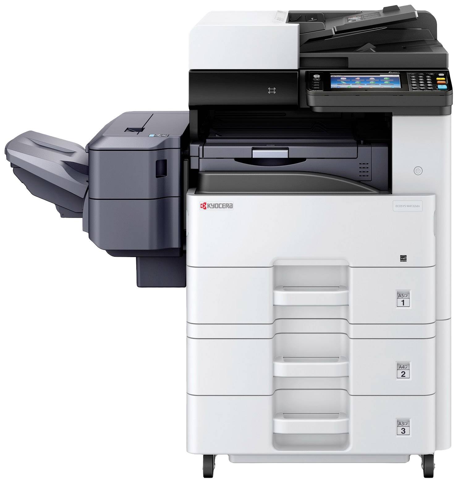 Een grote, multifunctionele printer met meerdere papierlade en een bedieningspaneel bovenop. Geschikt voor kantooromgevingen.