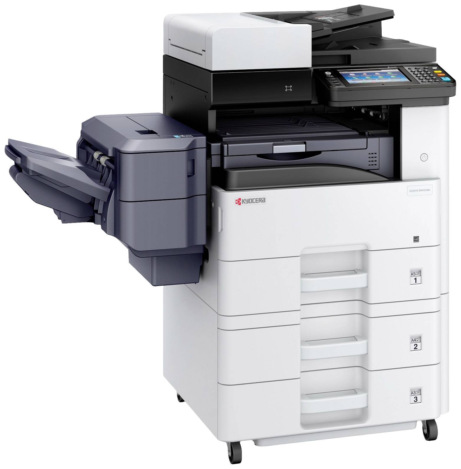 Kopieerapparaat met meerdere papierlades en een digitaal bedieningspaneel, klaar voor afdruk-, scan- en kopieertaken op een kantoor.