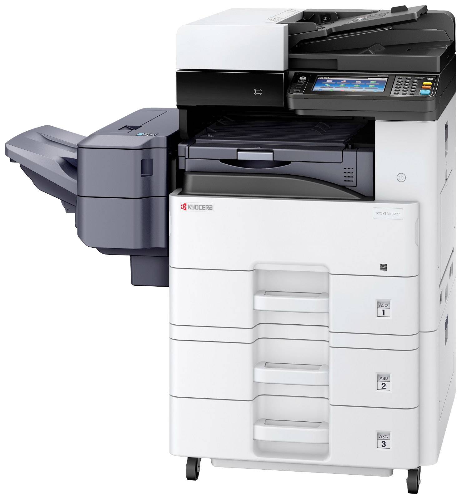 Een multifunctionele kantoorprinter met meerdere papierlade's en een bedieningspaneel. Ideaal voor print-, kopieer- en scanwerkzaamheden.