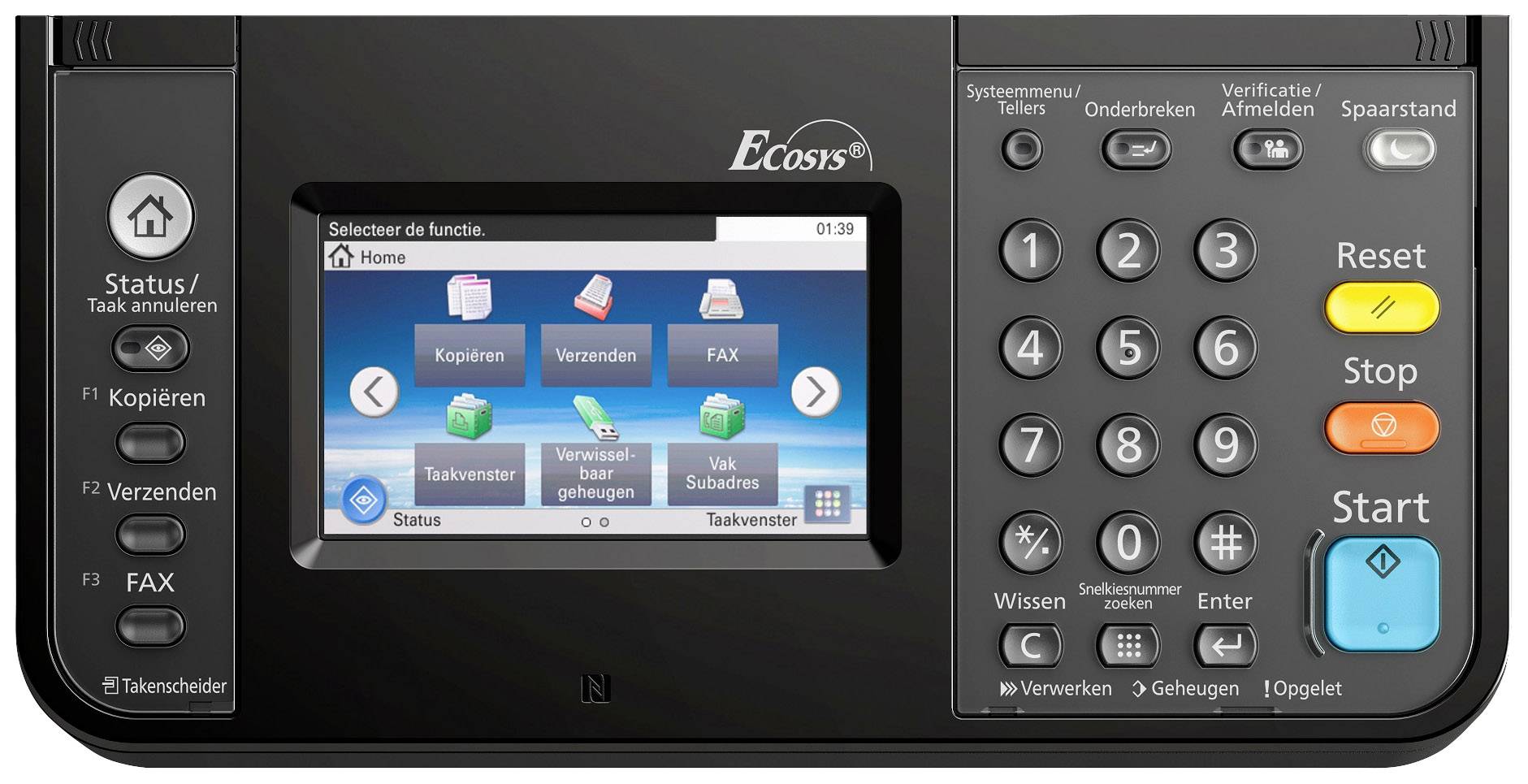 Bedieningspaneel van een printer met knoppen voor kopiëren, verzenden, faxen en een display.