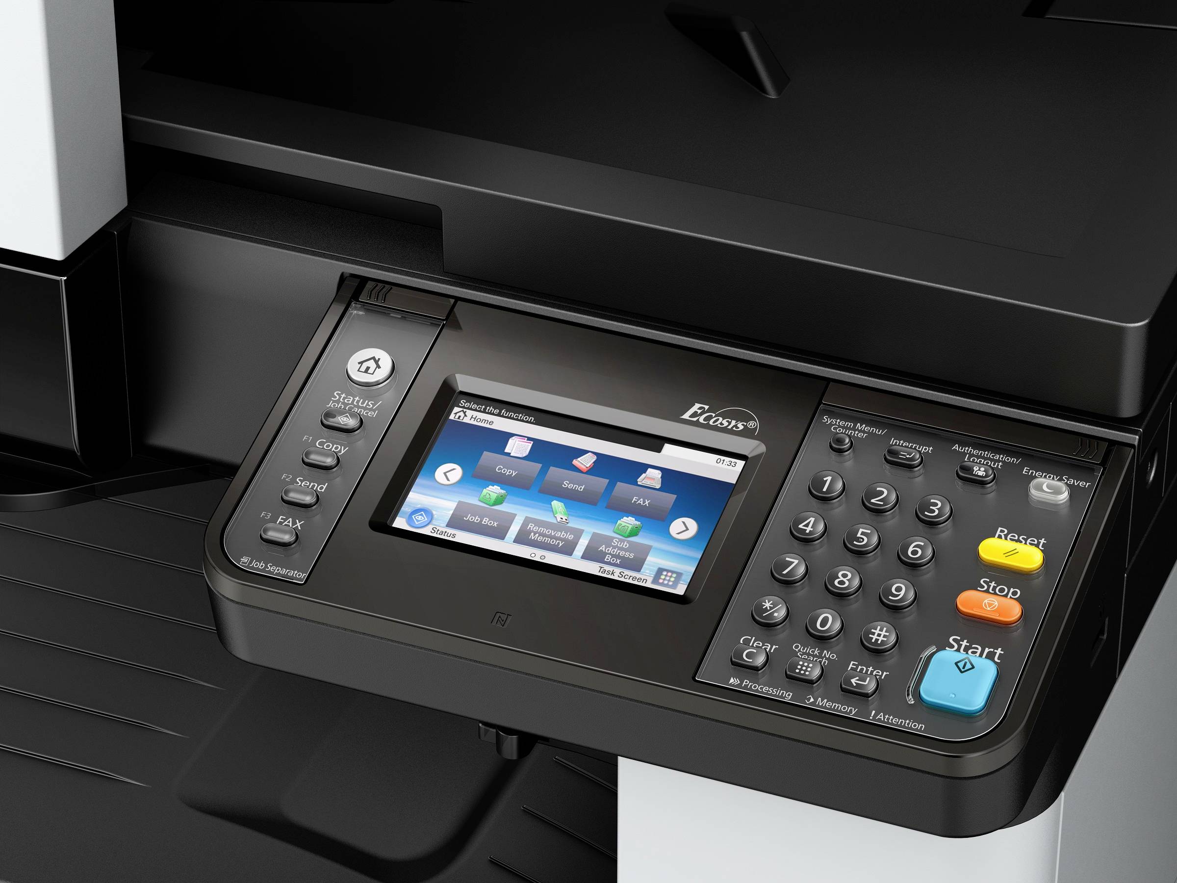 Bedieningspaneel van een kopieerapparaat met touchscreen-display. Toont verschillende functies zoals kopiëren, faxen en scannen. Knoppen voor start en stop.