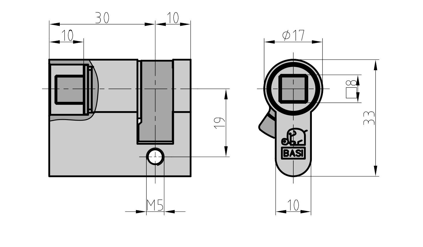 Technische tekening van een cilinderdeurslot met afmetingen. Toont vooraanzicht en zijaanzicht, inclusief positie van het sleutelgat.