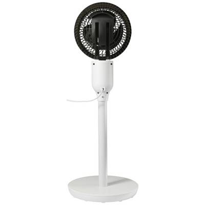Witte staande ventilator op een eenvoudige voet, gezien van achteren, met een zwart beschermrooster rond de ventilatorbladen.