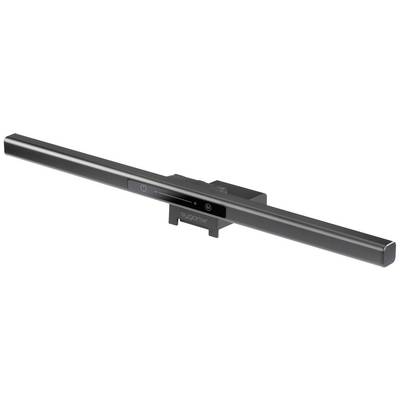 Een zwarte monitorlamp met touchbedieningspaneel en verstelbare klem voor bevestiging aan beeldschermen. Ideaal voor oogvriendelijke verlichting.