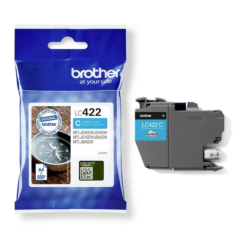 Brother LC422 Cyaan inktcartridge, compatibel met verschillende MFC-printermodellen, inclusief verpakking en QR-code, met een capaciteit van 550 pagina's.