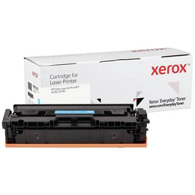 Tonercartridge voor een verpakking met 'xerox' in rode letters. Verpakking toont compatibiliteit met 'HP Color LaserJet Pro MFP M182, M183'.