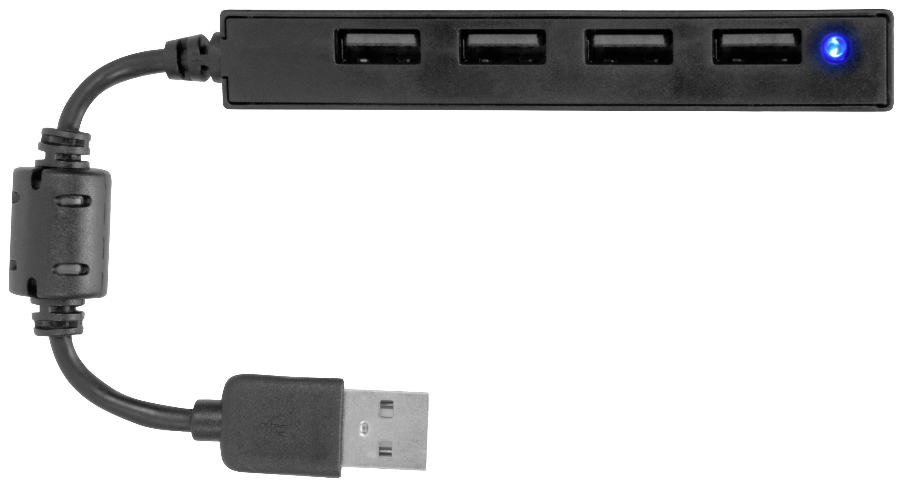 Zwarte USB-hub met vier poorten en een blauw licht dat aangeeft dat hij in gebruik is.