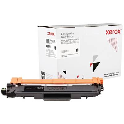 Een zwarte Xerox-tonerpatroon voor zijn verpakking. Op de verpakking staat 'Cartridge for Laser Printer' en verdere compatibiliteitsspecificaties.