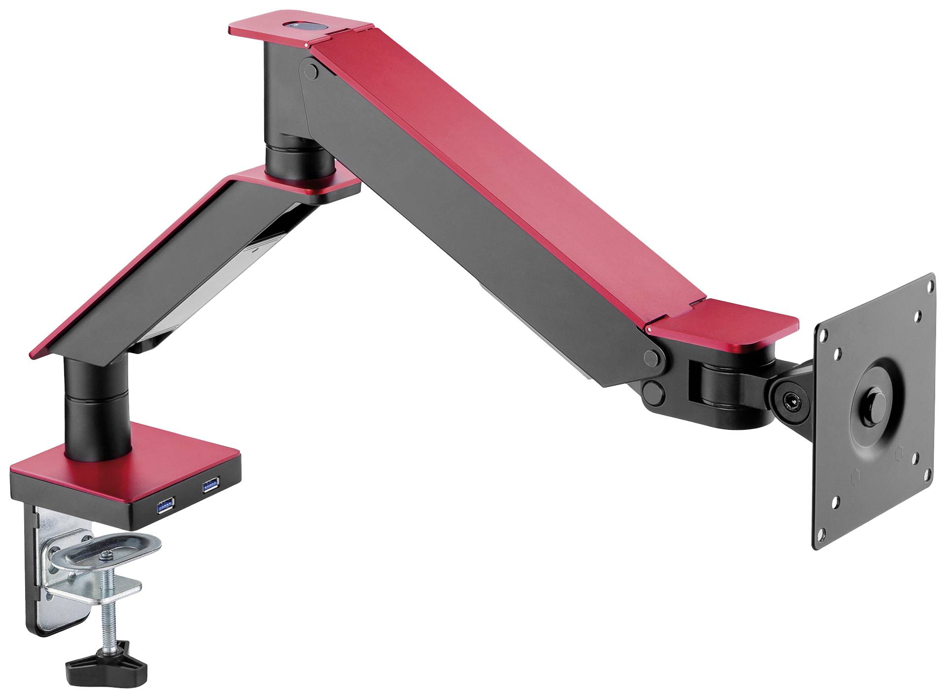 Rode en zwarte verstelbare monitorarm met tafelklem en USB-aansluitingen, geschikt voor ergonomische werkplekinstelling.