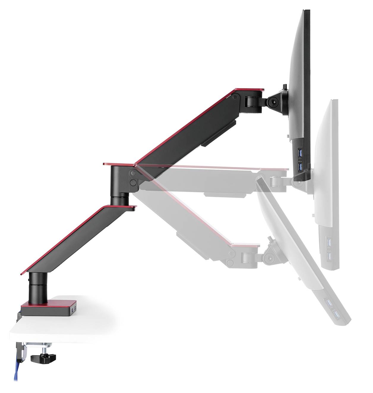 Computermonitorstandaard met verstelbare armen toont verschillende hellingshoeken en hoogteposities.