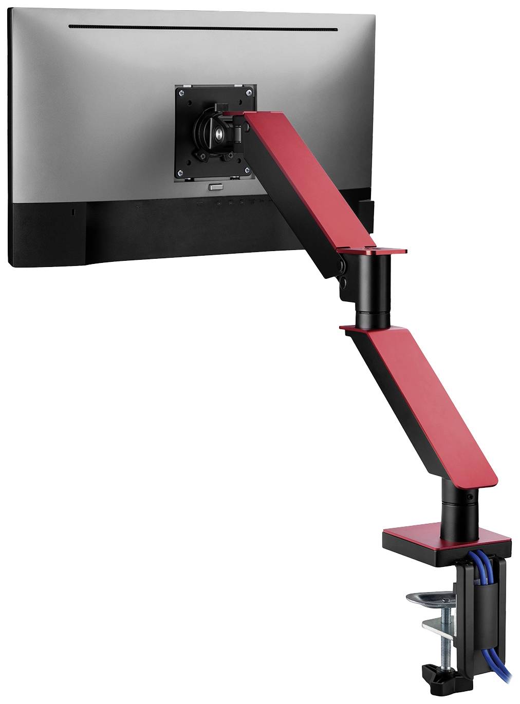 Een computermonitor is met een verstelbare, rood-zwarte zwenkarm aan een tafel bevestigd. Kabels zijn netjes weggewerkt.