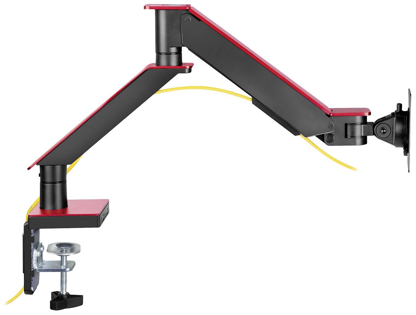 Een verstelbare, rood-zwarte monitorarm met tafelklem. Een geel snoer loopt door de binnenkant van de arm.