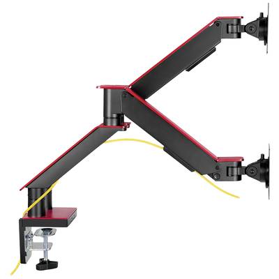 Een verstelbare monitorarm in zwart en rood met twee scharnieren, bevestigd aan een tafel. Geschikt voor het ophangen van beeldschermen.
