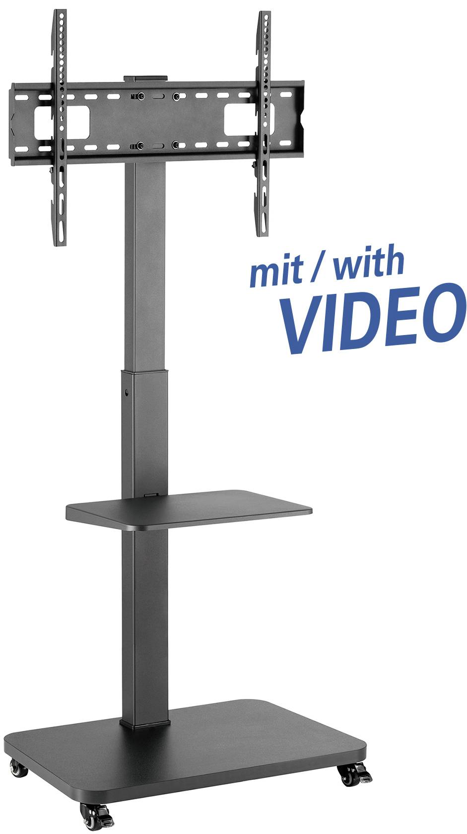 'Zwarte tv-standaard met wielen en plank, geschikt voor flatscreens. Gemerkt met 'met / with VIDEO'.'