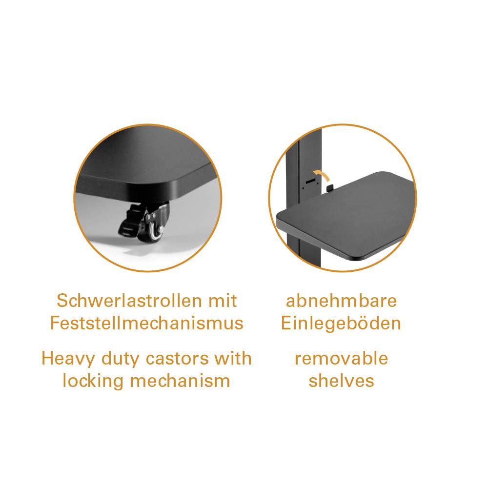 Hier ist die vollständige Übersetzung:<br><br>'Heavy-duty casters with locking mechanism' and 'removable insert shelves' are described in German and English.