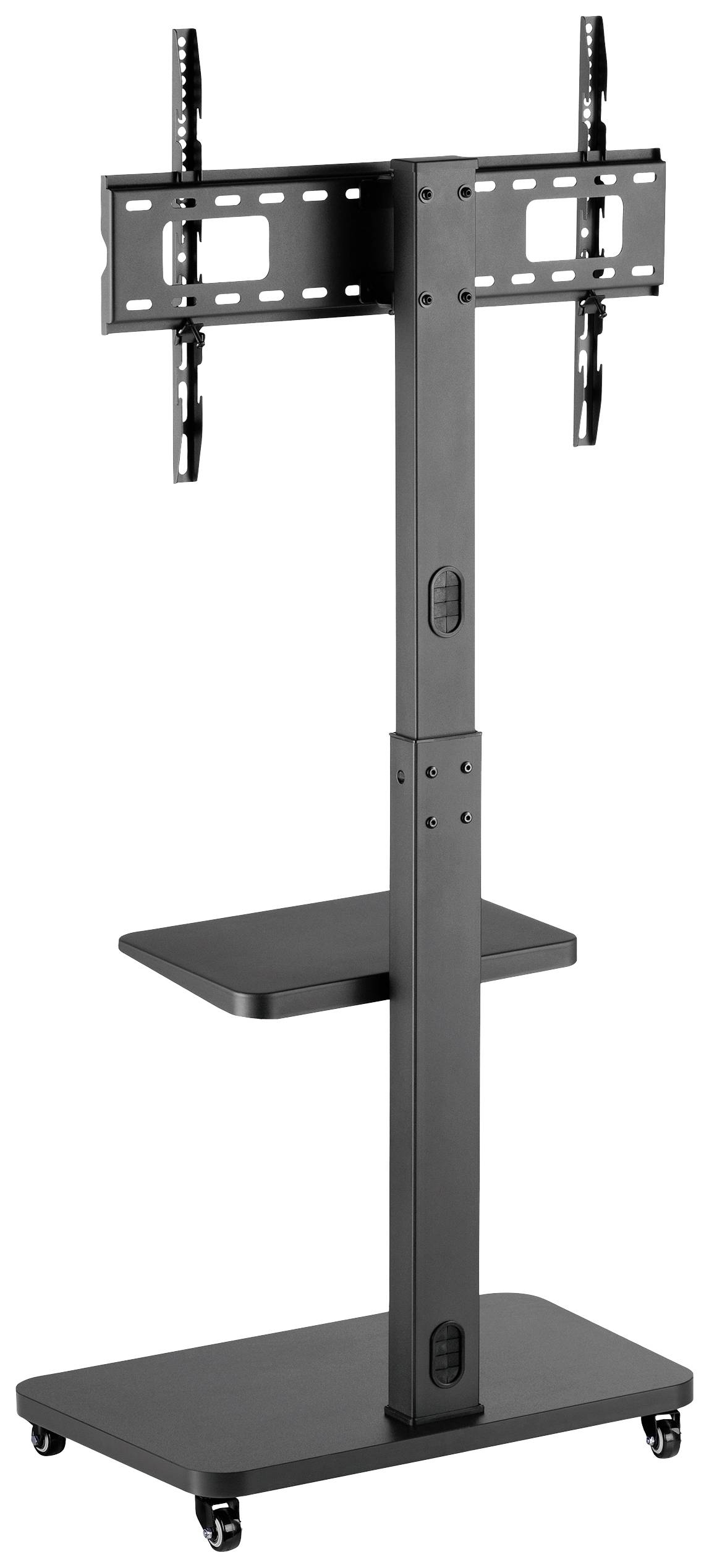 Zwarte mobiele tv-standaard met wielen en hoogteverstelbare beeldschermhouder. Bevat twee opbergvlakken voor accessoires.