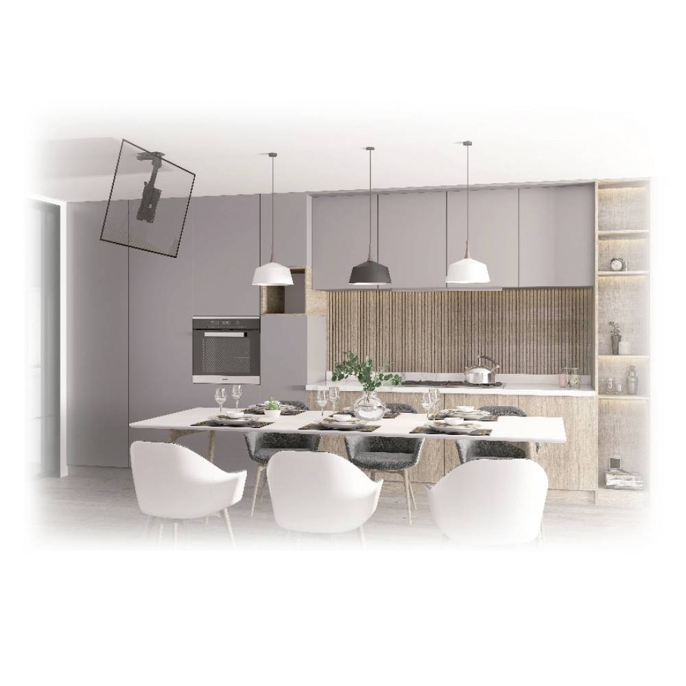 Moderne keuken met eettafel voor zes personen. Hangende lampen boven de tafel, houten planken, fornuis en oven in een minimalistisch design.