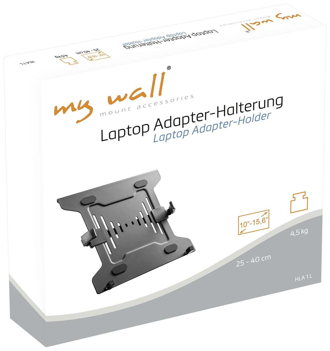 Verpakking van een 'my wall' laptopadapter-houder, compatibel met laptops van 10"-15,6", draagvermogen tot 4,5 kg, verstelbaar van 25-40 cm.