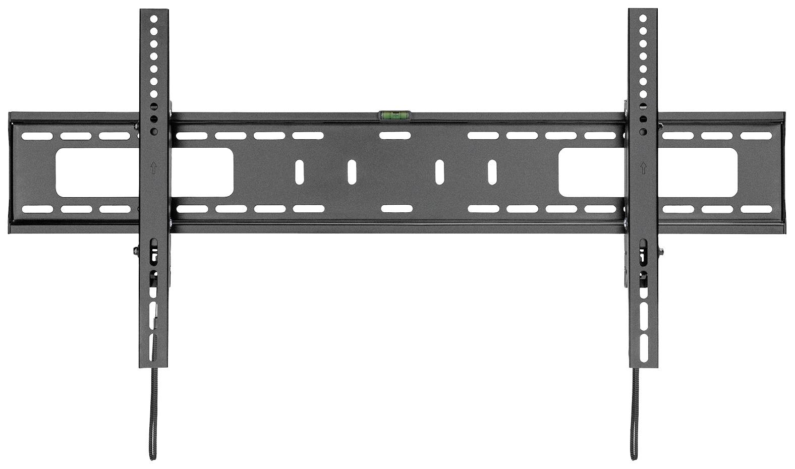 Wandbeugel voor flatscreen tv's, zwart, met verticale rails en schroefgaten, geschikt voor verschillende tv-formaten.