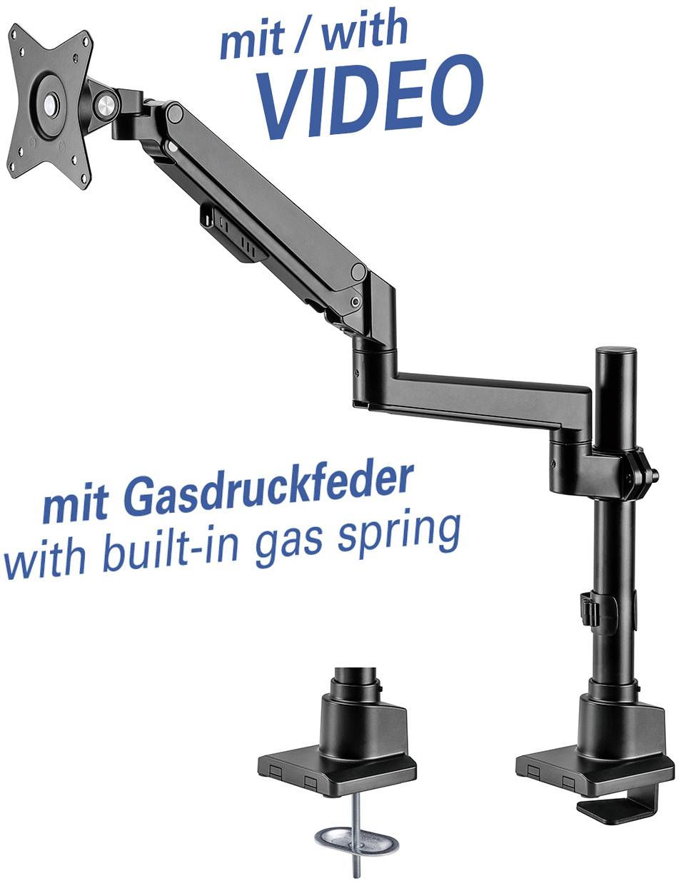 Kantelbare monitorarm met gasdrukdemper. Twee bevestigingspunten, flexibele hoogte- en hoekinstelling.