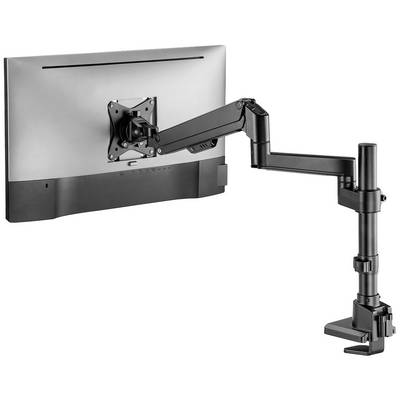 Een beeldscherm is bevestigd aan een verstelbare monitorarm die aan een tafel is gemonteerd en flexibiliteit biedt bij het positioneren.