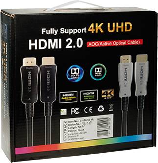 Verpakking van een HDMI 2.0 AOC-kabel, ondersteunt 4K UHD, Dolby Vision, 3D-video. Voorkant toont technische details en logo's.