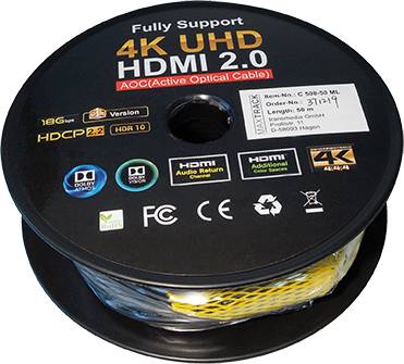 'Rol van een 4K UHD HDMI 2.0-kabel, 50 meter lang. Ondersteunt HDR10, HDCP 2.2. Bevat sticker met productinformatie en logo's.'