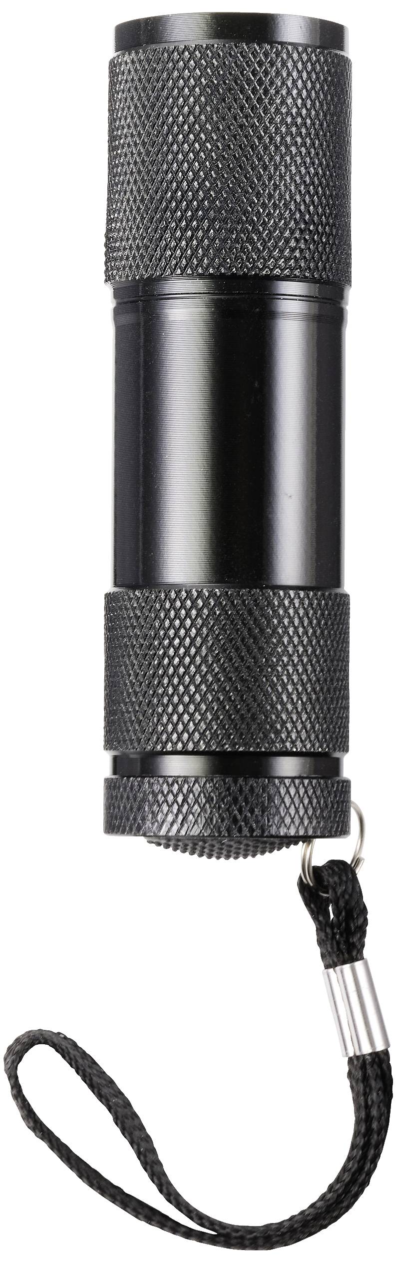 Een zwarte, cilindrische zaklamp met een gestructureerd oppervlak en een handlus.