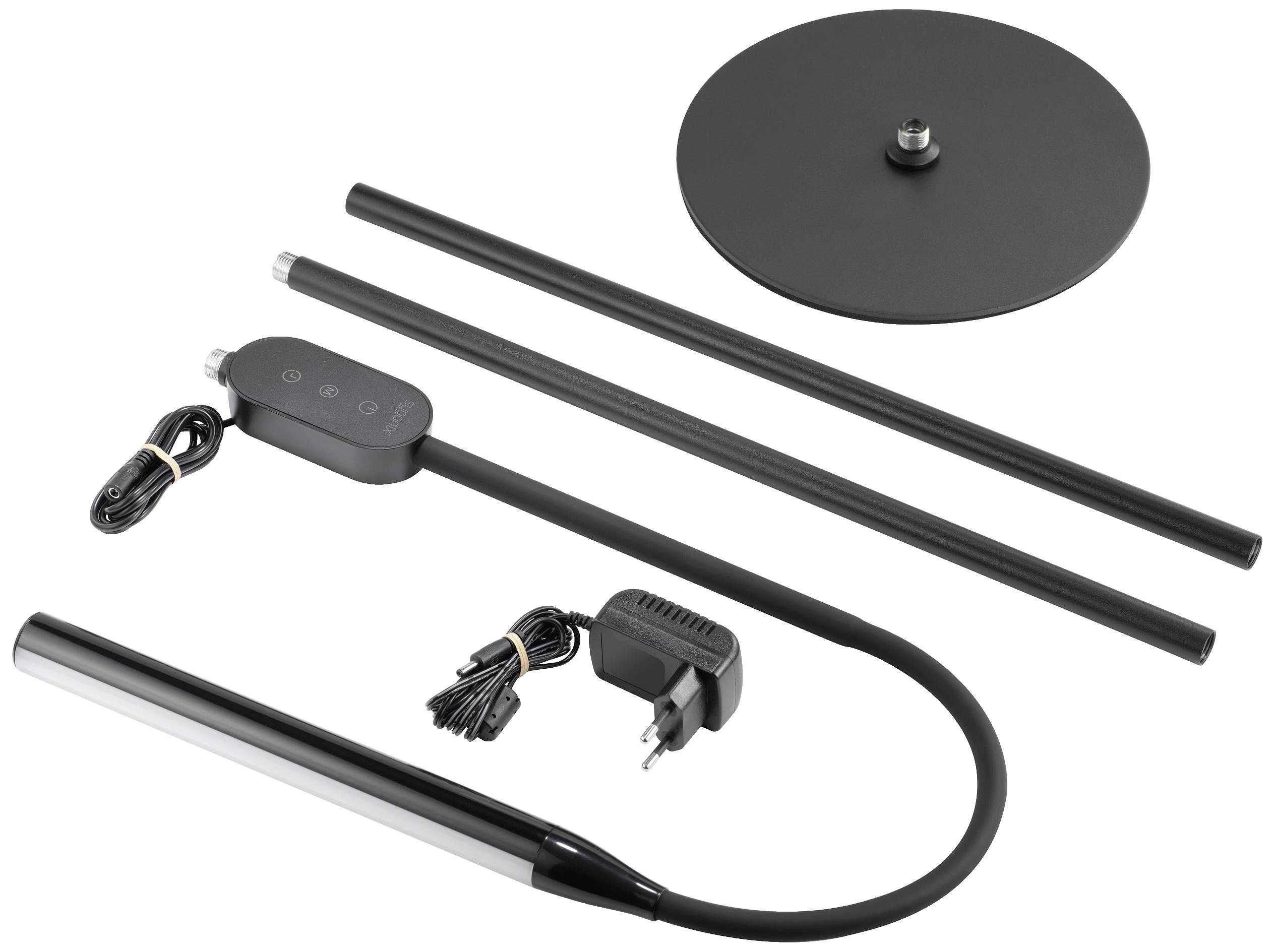 LED-vloerlamp in onderdelen: standaard, voet, kop met kabel, voedingsadapter. Ideaal voor montage en gebruik binnenshuis.