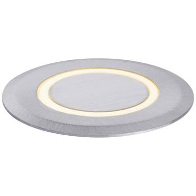 Rond, plat LED-licht in chroomlook met warmwit licht, geschikt voor moderne interieurs.