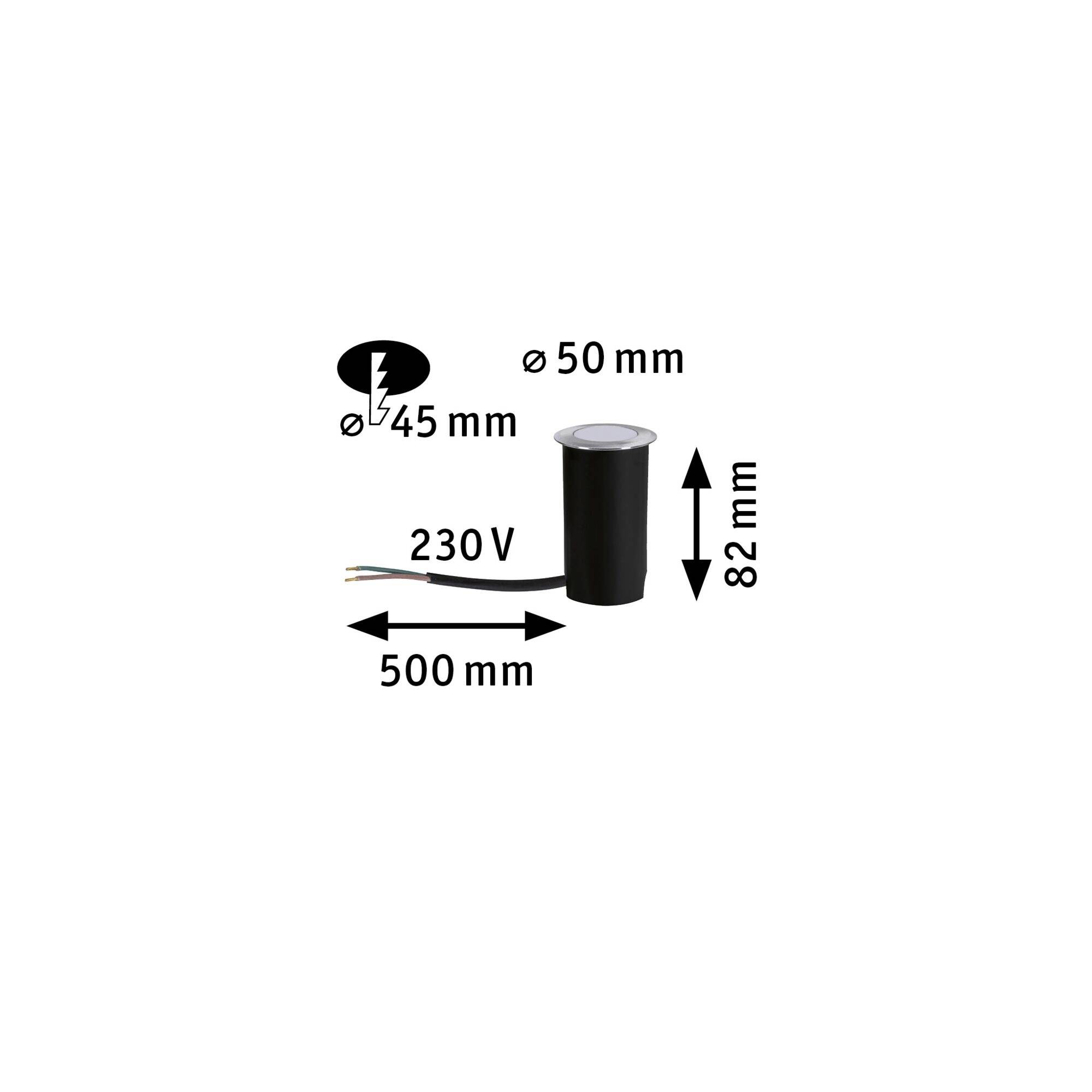 Cilindrische LED-lamp, 50 mm diameter, 82 mm hoogte, 230 V aansluiting, 500 mm kabel, symmetrische lichtverspreiding.