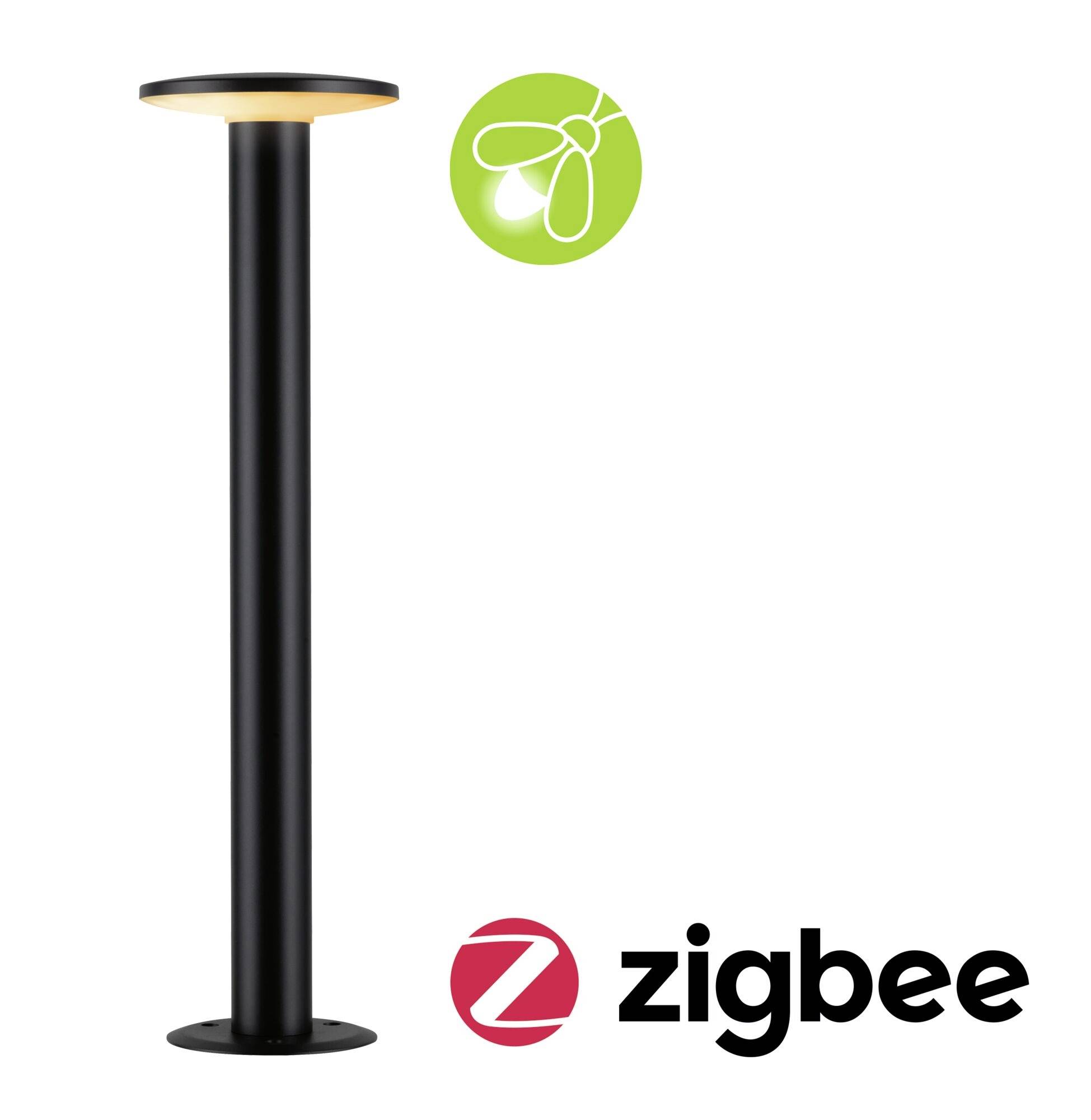 Zwarte staande lamp met verlichte kop. Groen symbool met gloeilamp rechtsboven. 'Zigbee'-logo rechtsonder.