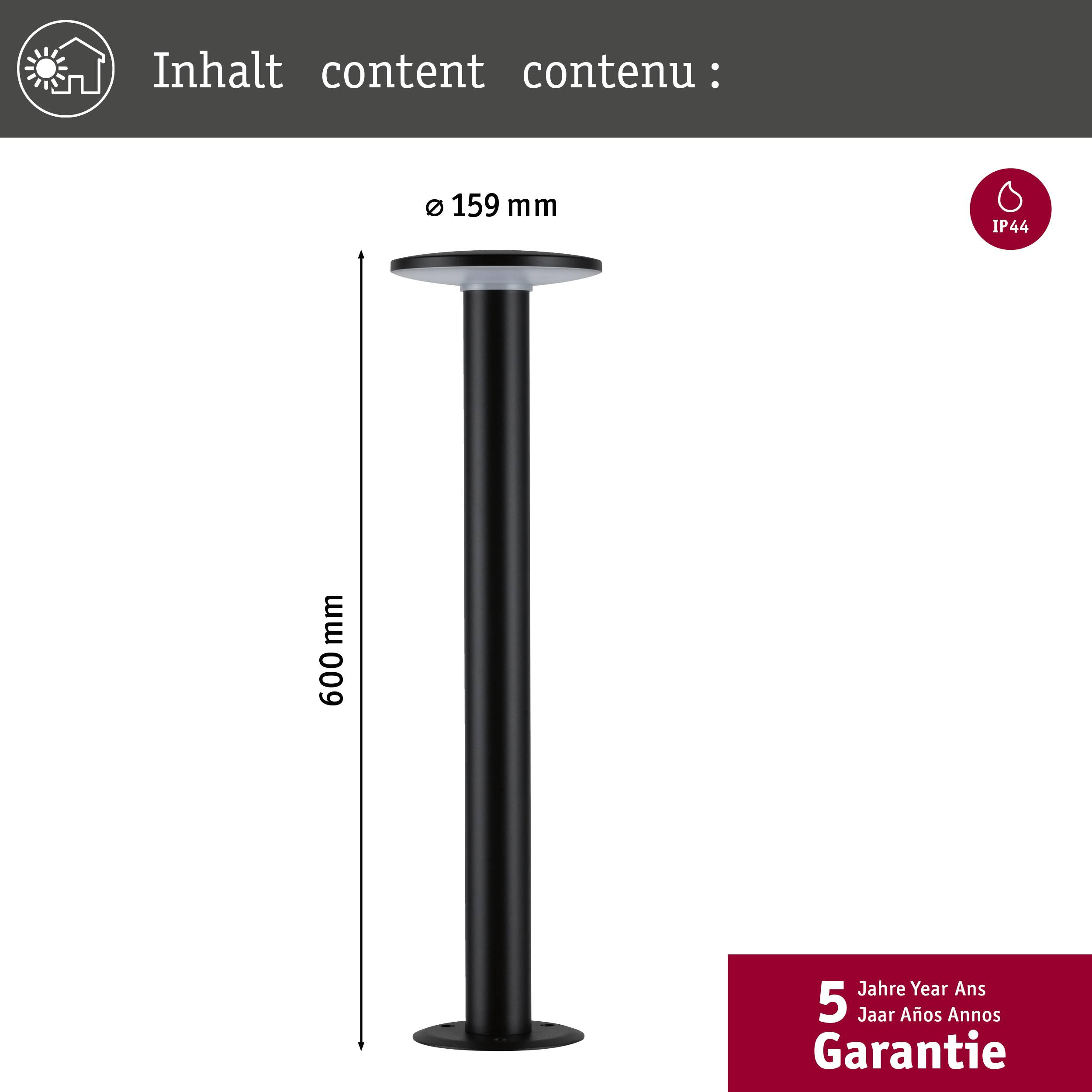Zwarte cilindrische lamp, 600 mm hoog en 159 mm diameter. Bovenaan staat 'Inhoud content contenu'. Rechtsonder: '5 jaar garantie'.