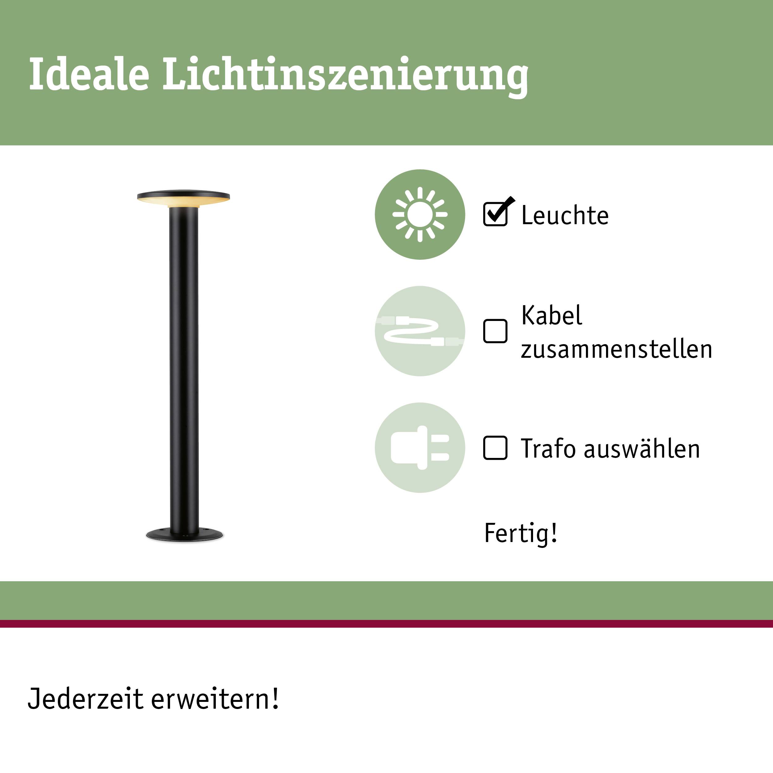 'Ideale Lichtinstallatie' toont een staande lamp en symbolen voor lamp, kabel, transformator. Tekst: 'Klaar! Op elk moment uit te breiden!'