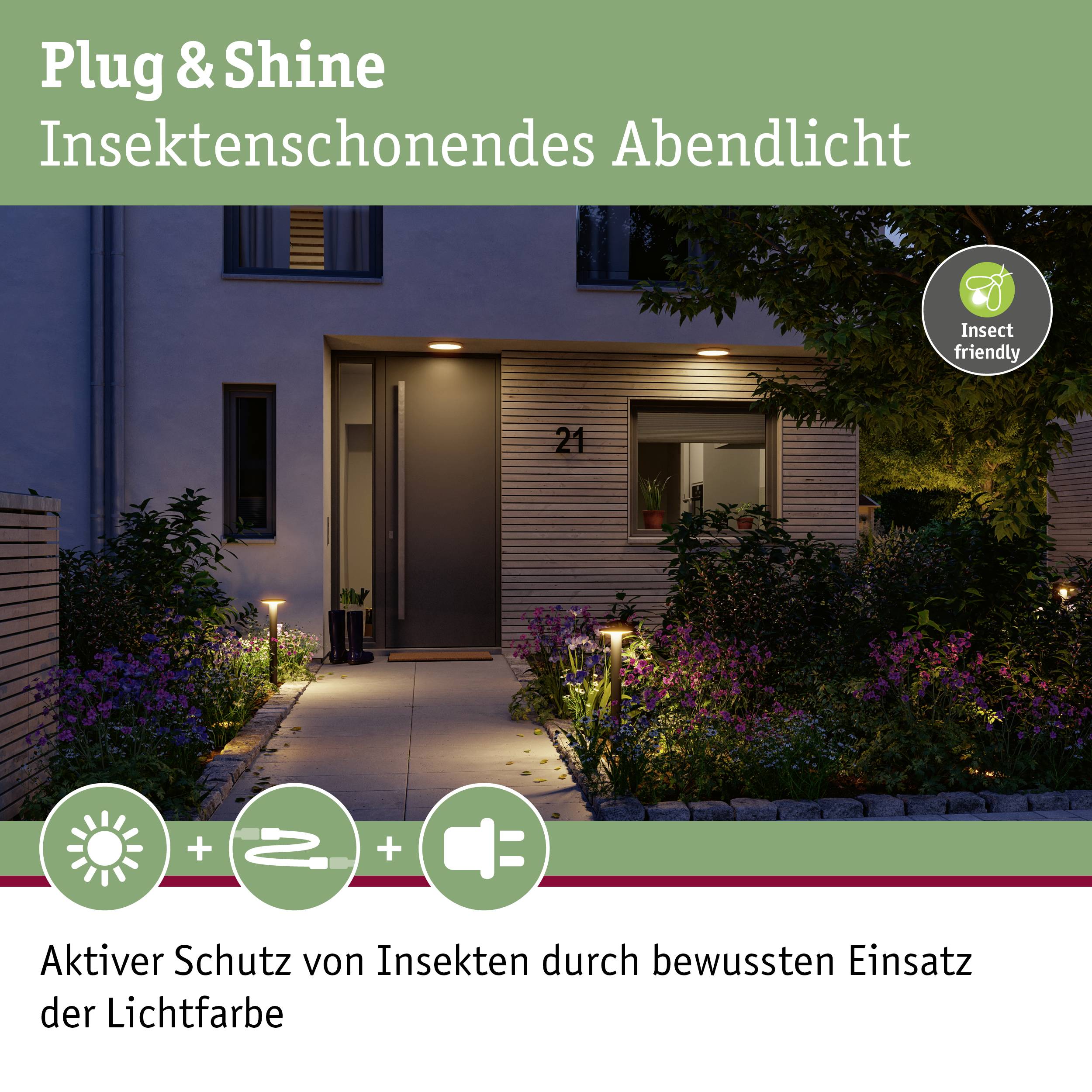 Woonhuis 's avonds met verlichte ingang. Tekst: 'Plug & Shine Insectenvriendelijke avondverlichting' en 'Actieve bescherming van insecten door bewuste inzet van lichtkleur'.