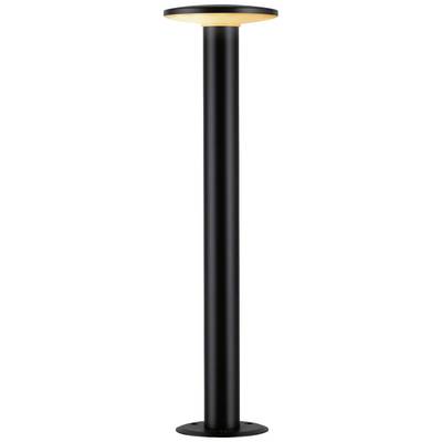 Zwarte, cilindrische buitenlamp met een platte, ronde lampenkap die warmwit licht uitstraalt. Ideaal voor tuinpaden of opritten.