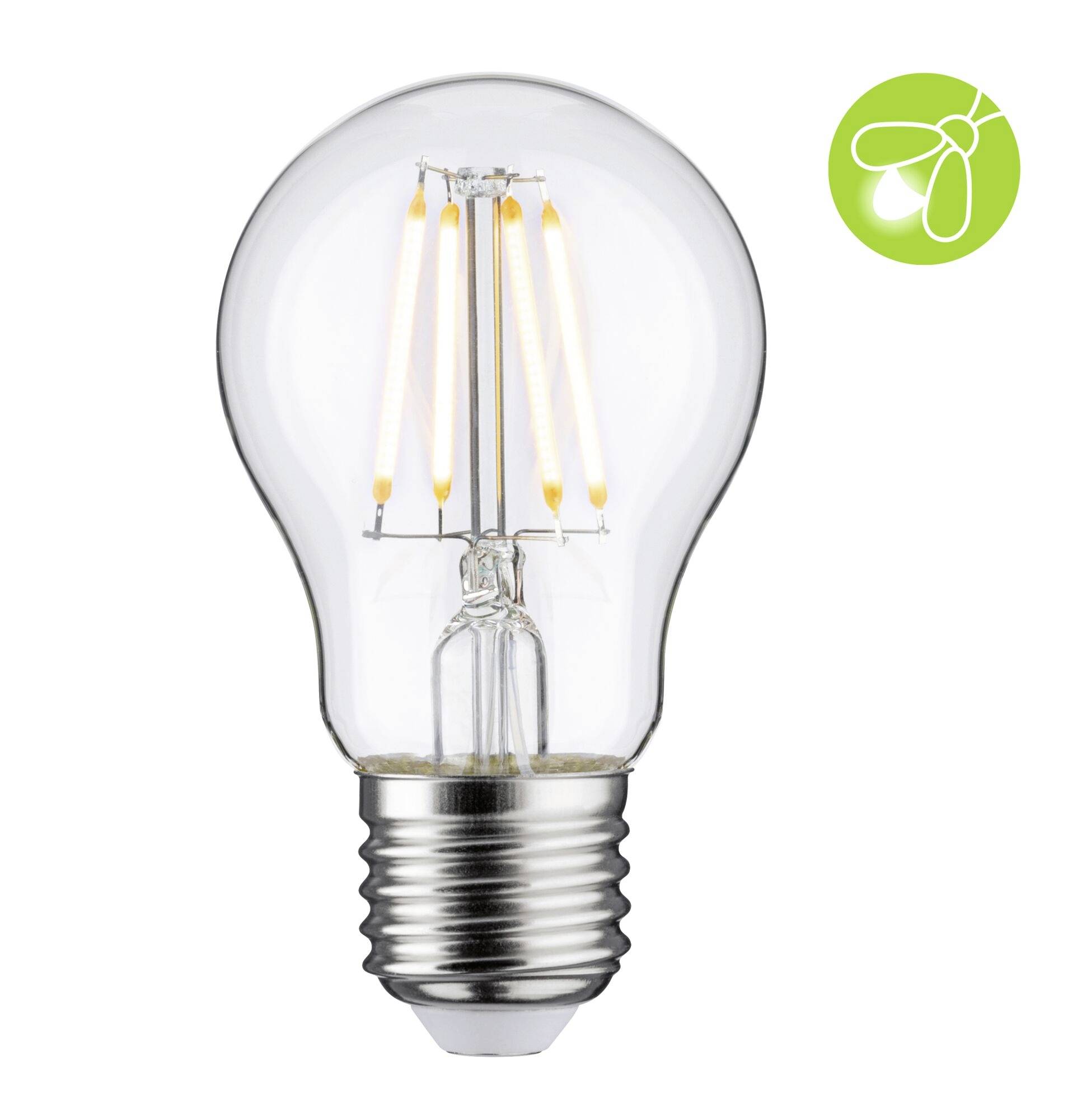 Een LED-gloeilamp met filamenten die herinneren aan een klassieke gloeilamp. Rechtsboven bevindt zich een groen energiezuinigheidslogo.