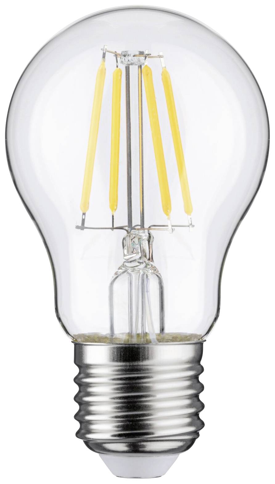 Een LED-gloeilamp met E27-fitting en zichtbare filamenten, die energiezuinigheid en modern design combineert.