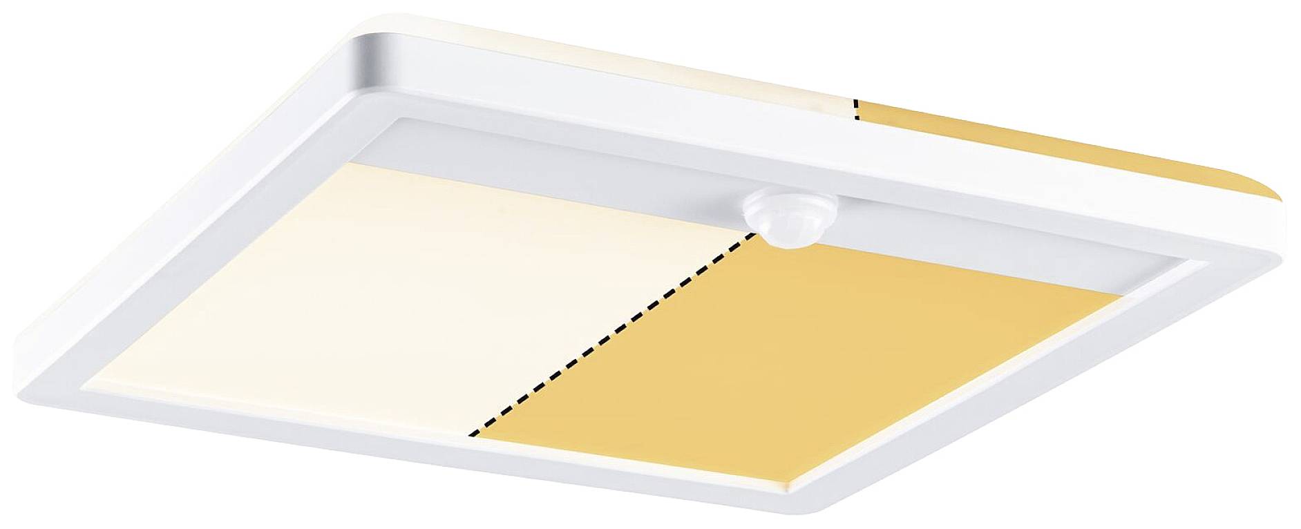 Een vierkante LED-plafondlamp met een bewegingssensor-geregeld, tweekleurig lichtoppervlak in wit en oranje.