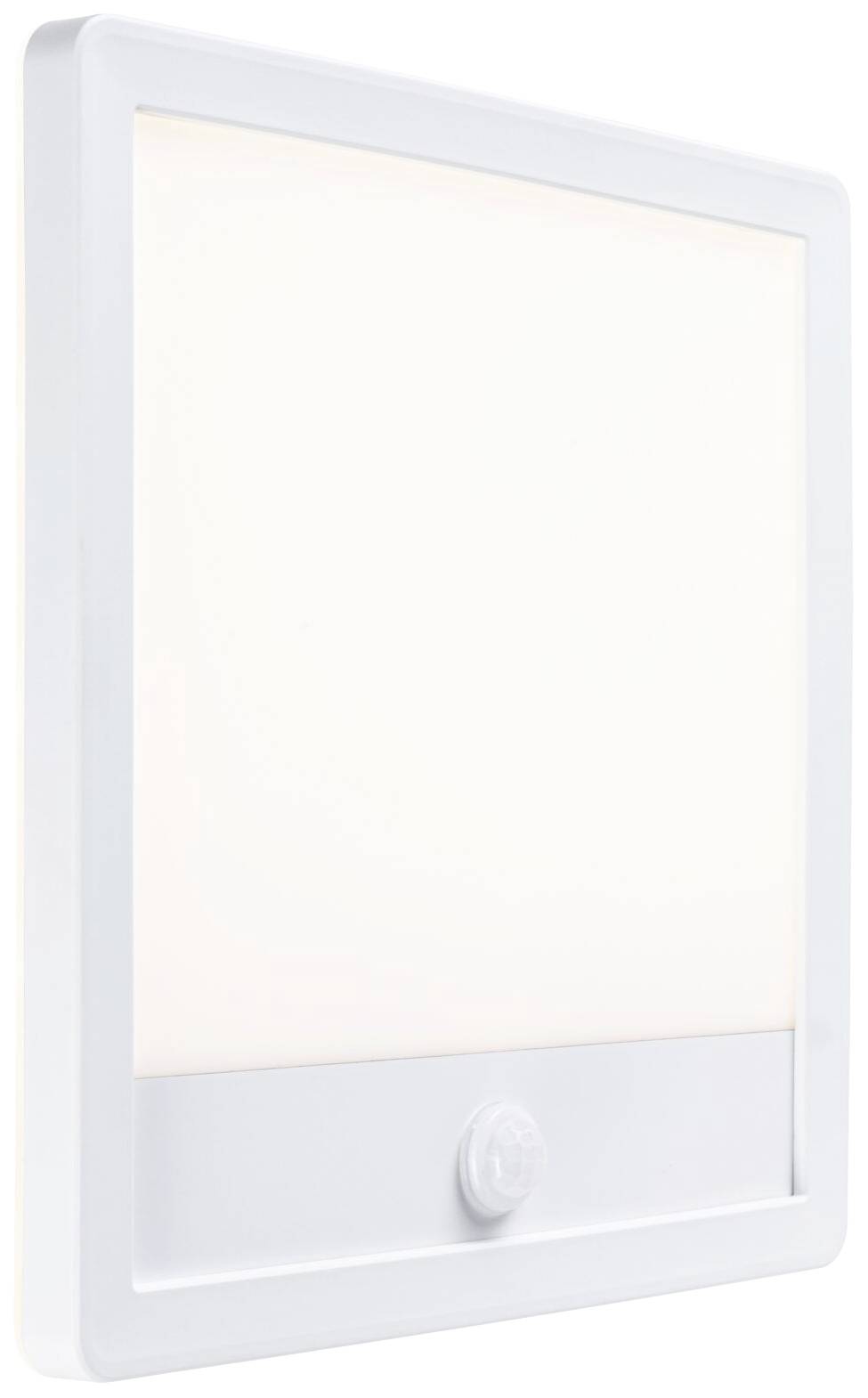 Witte rechthoekige LED-lamp met bewegingssensor aan de onderkant.