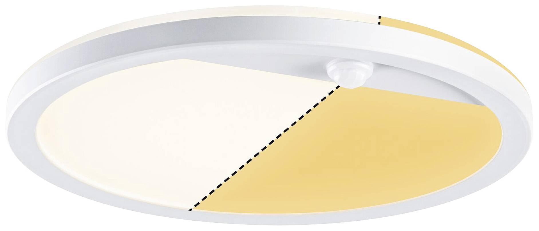 Plafondlamp met tweezijdig licht: de ene helft schijnt wit, de andere in warmgeel. Modern design.