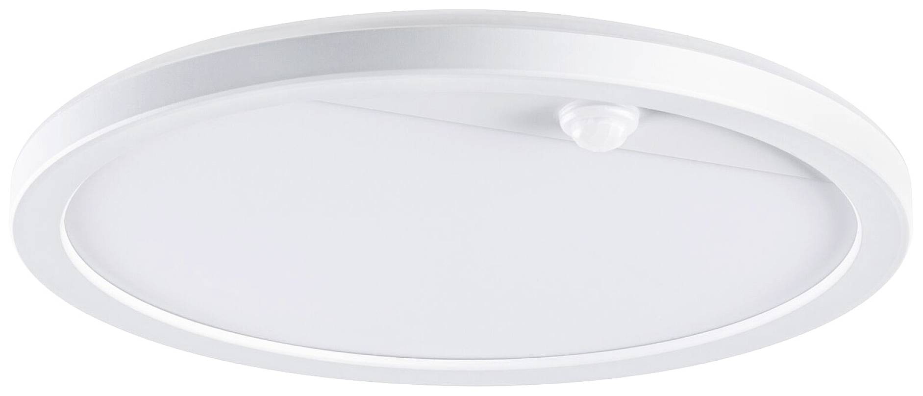 Ronde LED-plafondlamp in het wit, met geïntegreerde bewegingssensor. Ideaal voor binnenruimtes, biedt gelijkmatige verlichting.