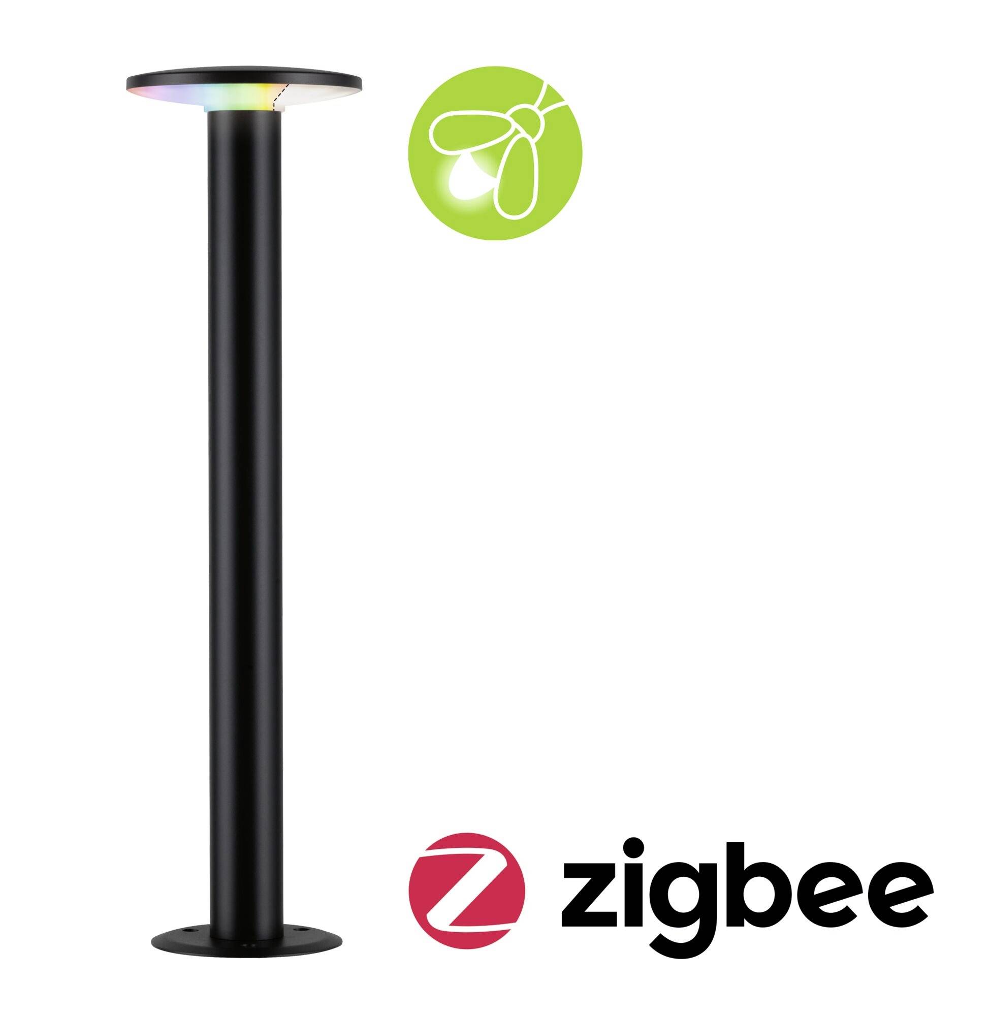 'Zwarte staande lamp met Zigbee-technologie, geïntegreerde LED-kleurwisseling, geschikt voor tuinverlichting. Groen verlichtingssymbool bovenaan.'
