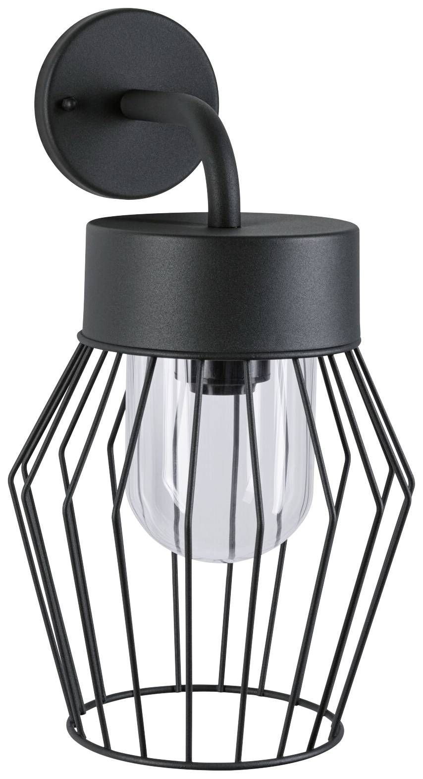 Zwarte, moderne buitenwandlamp met metalen kooi en transparante glazen inzet. Ideaal voor stijlvolle buitenverlichting.