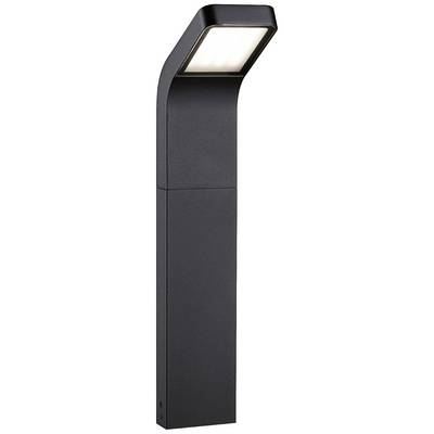 Zwarte, moderne staande lamp met rechthoekige lichtmodule. Hij steekt verticaal omhoog en heeft een strak, elegant design.